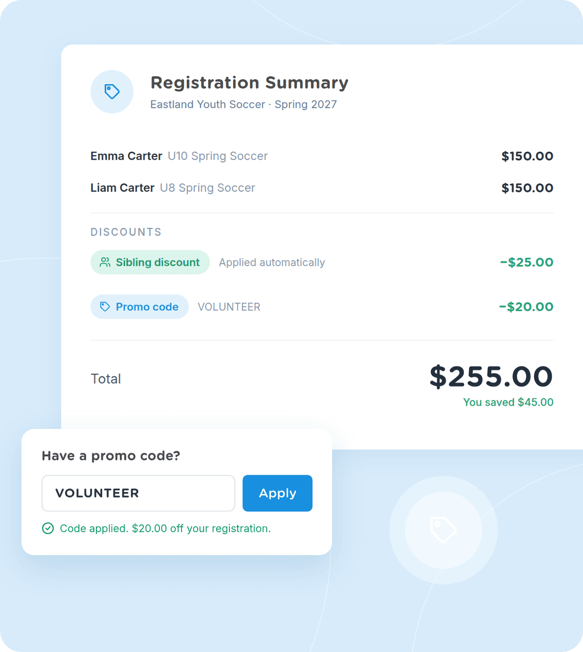 Jersey Watch registration summary with a sibling discount and a promo code applied