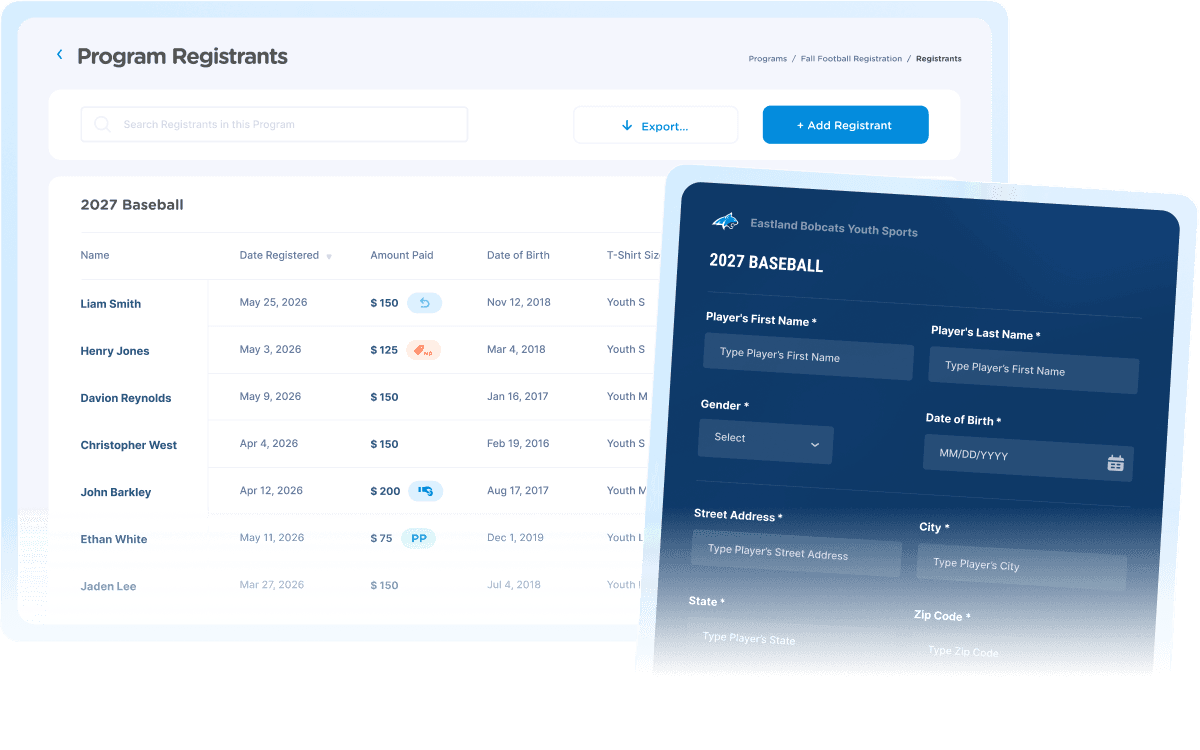 Jersey Watch registration form and registrant list on desktop and mobile