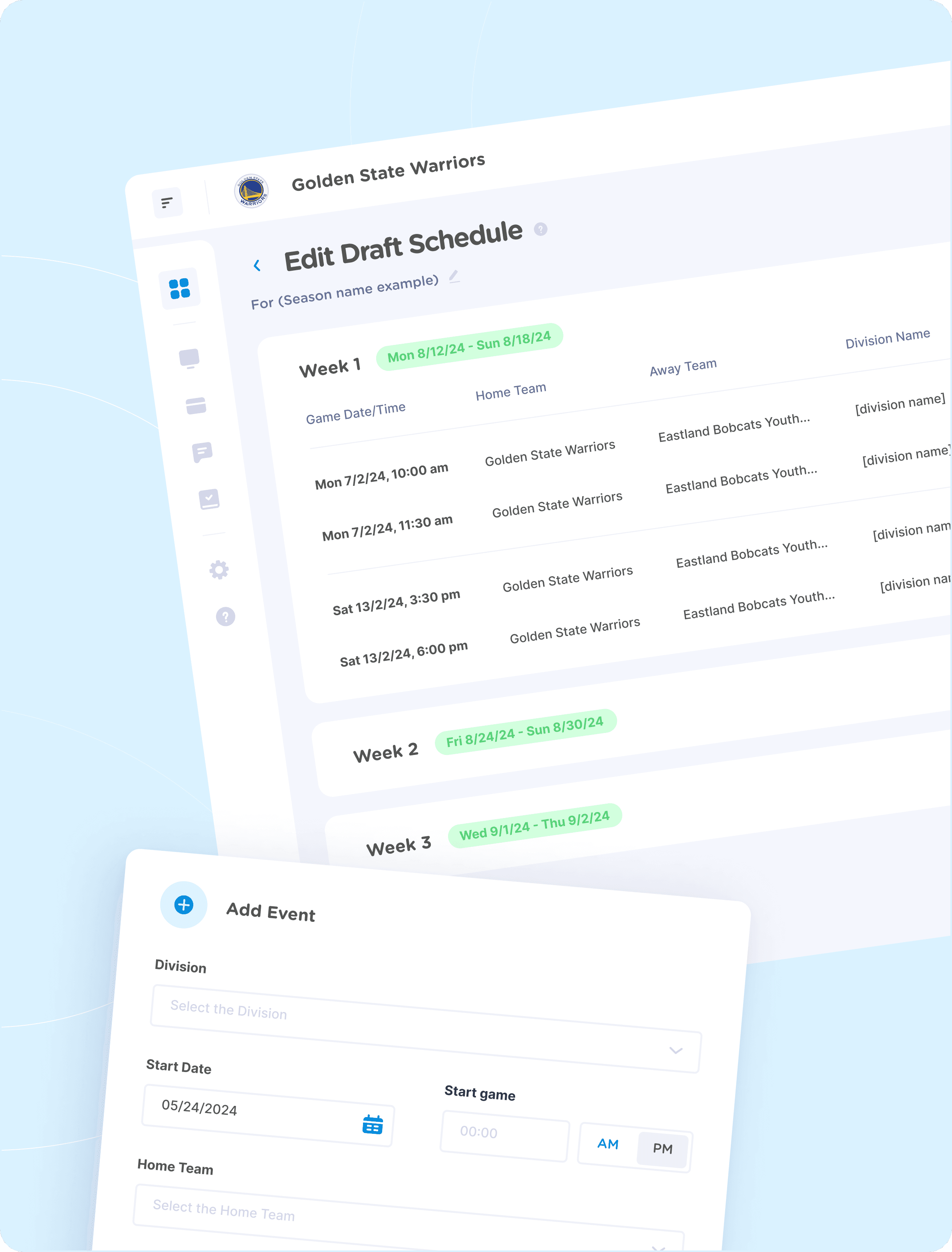 League schedule editor and add-event tools in Jersey Watch