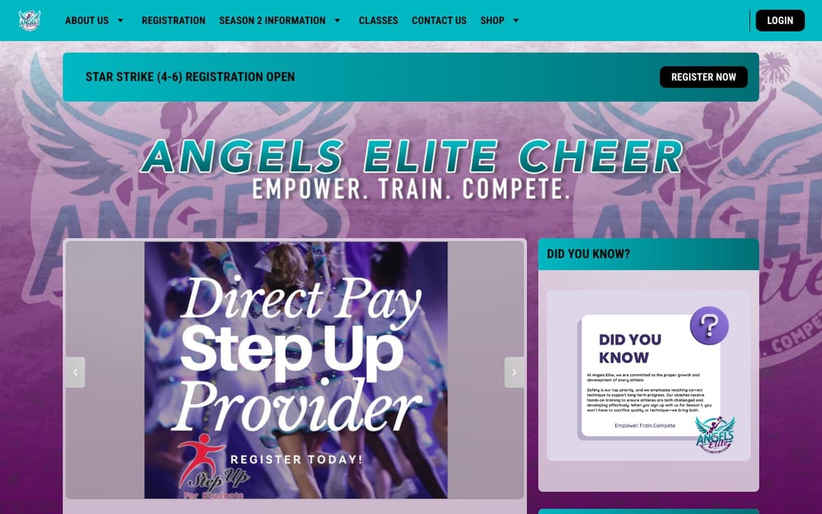 Angels Elite Cheer website homepage