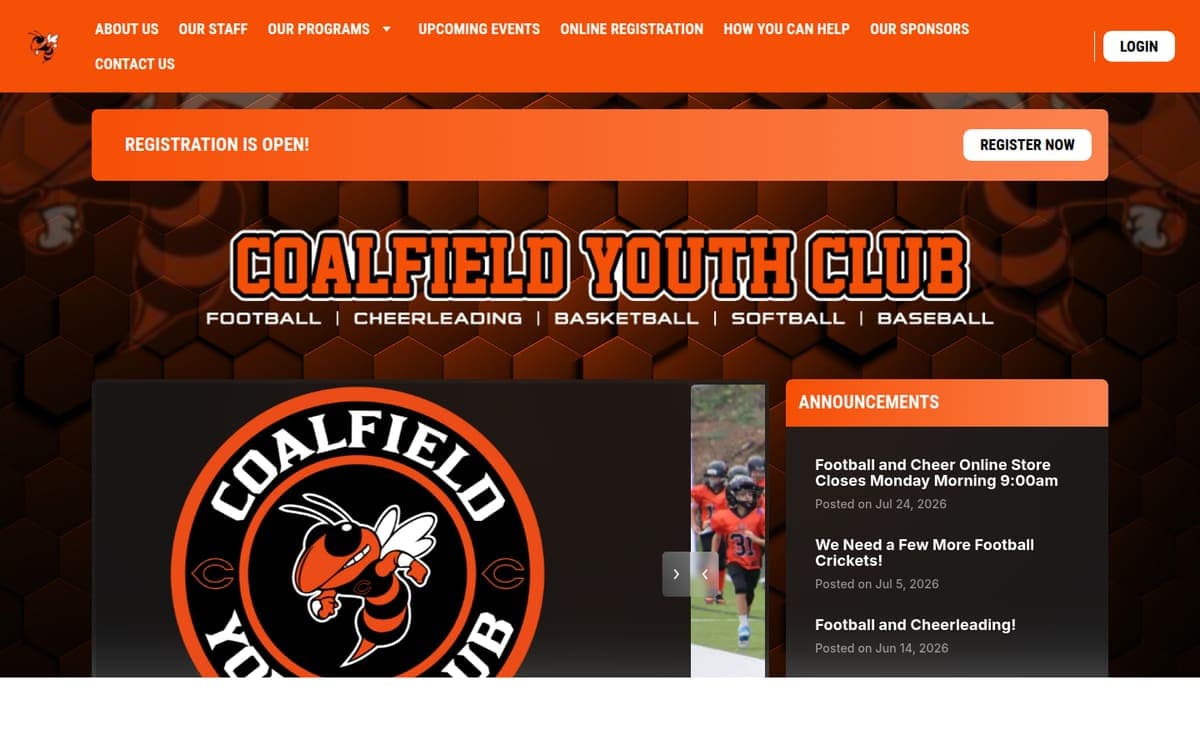 Coalfield Youth Club website homepage