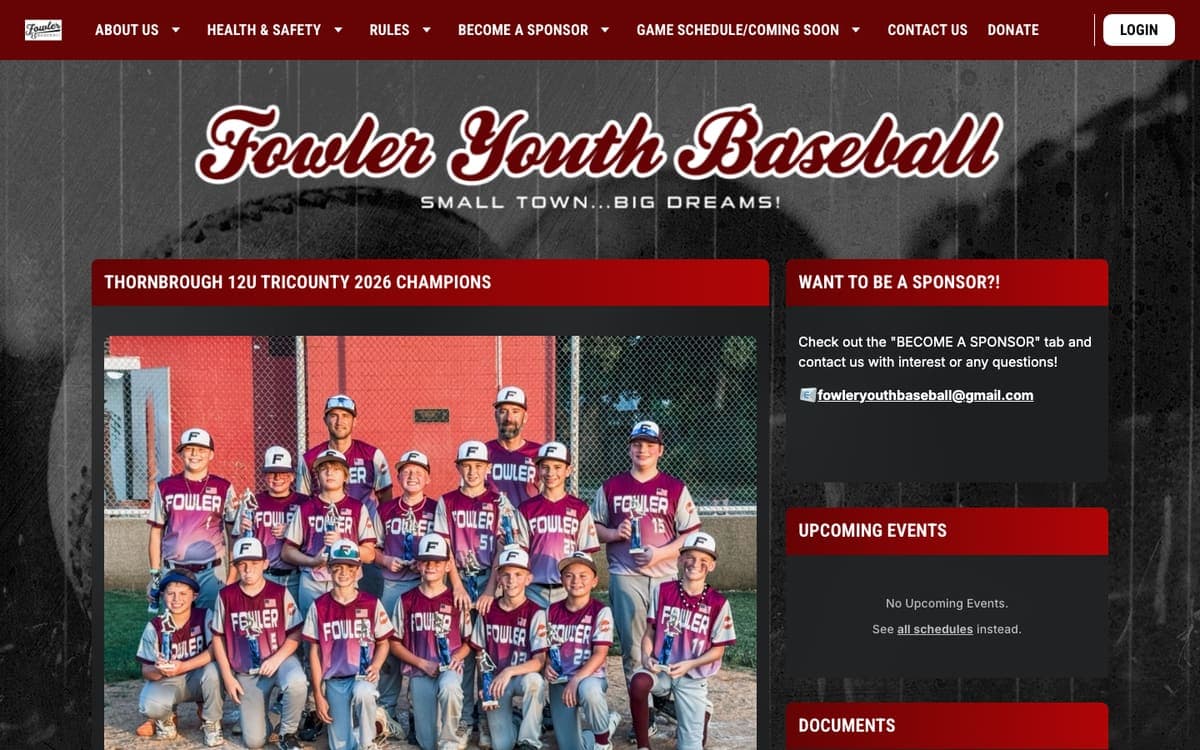 Fowler Youth Baseball website homepage