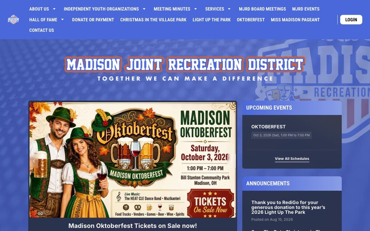 Madison Joint Recreation District website homepage