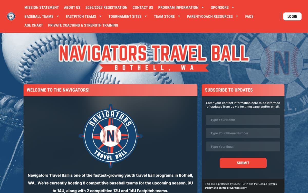 Navigators Travel Ball website homepage
