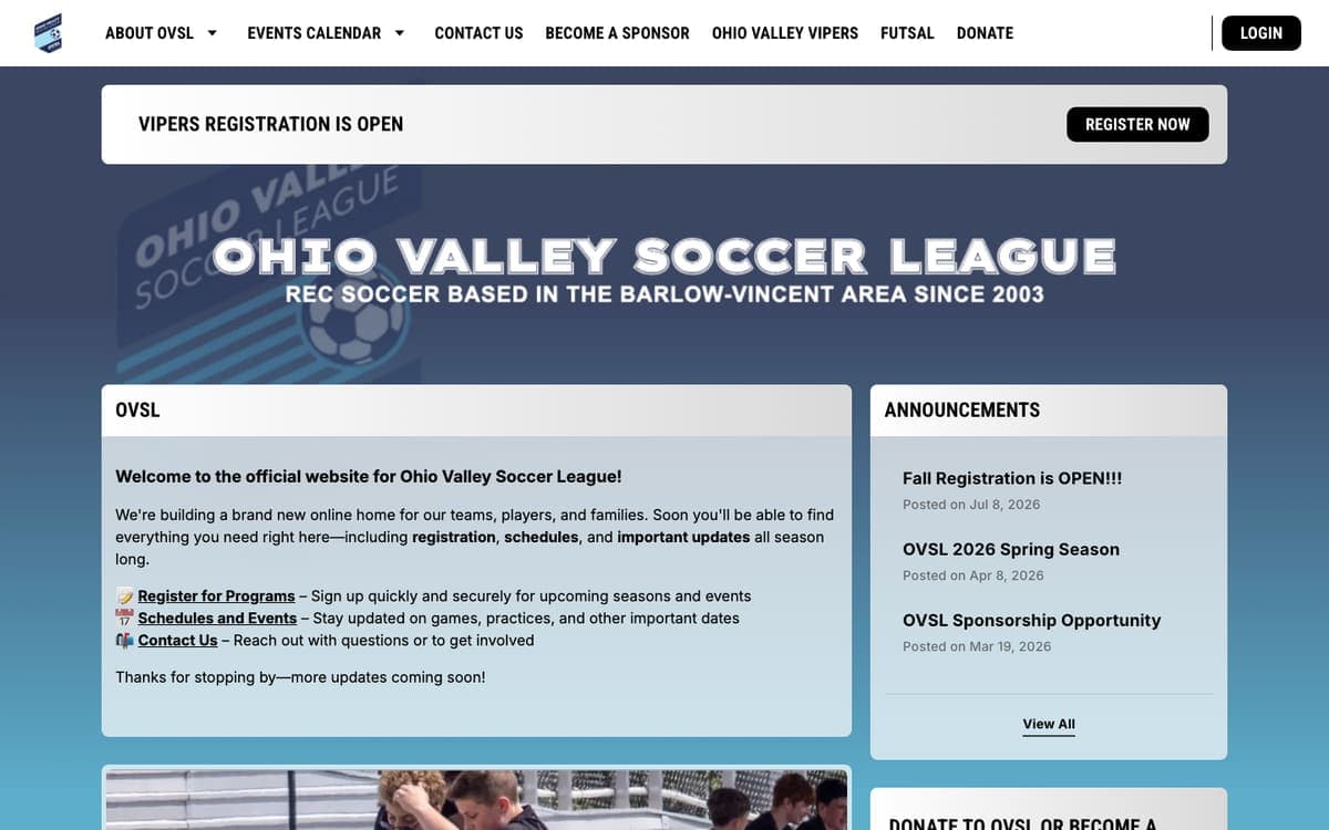 Ohio Valley Soccer League website homepage