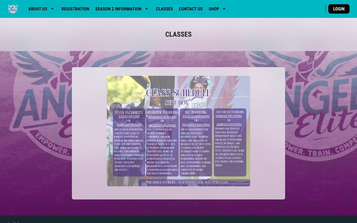 Angels Elite Cheer Class schedule page