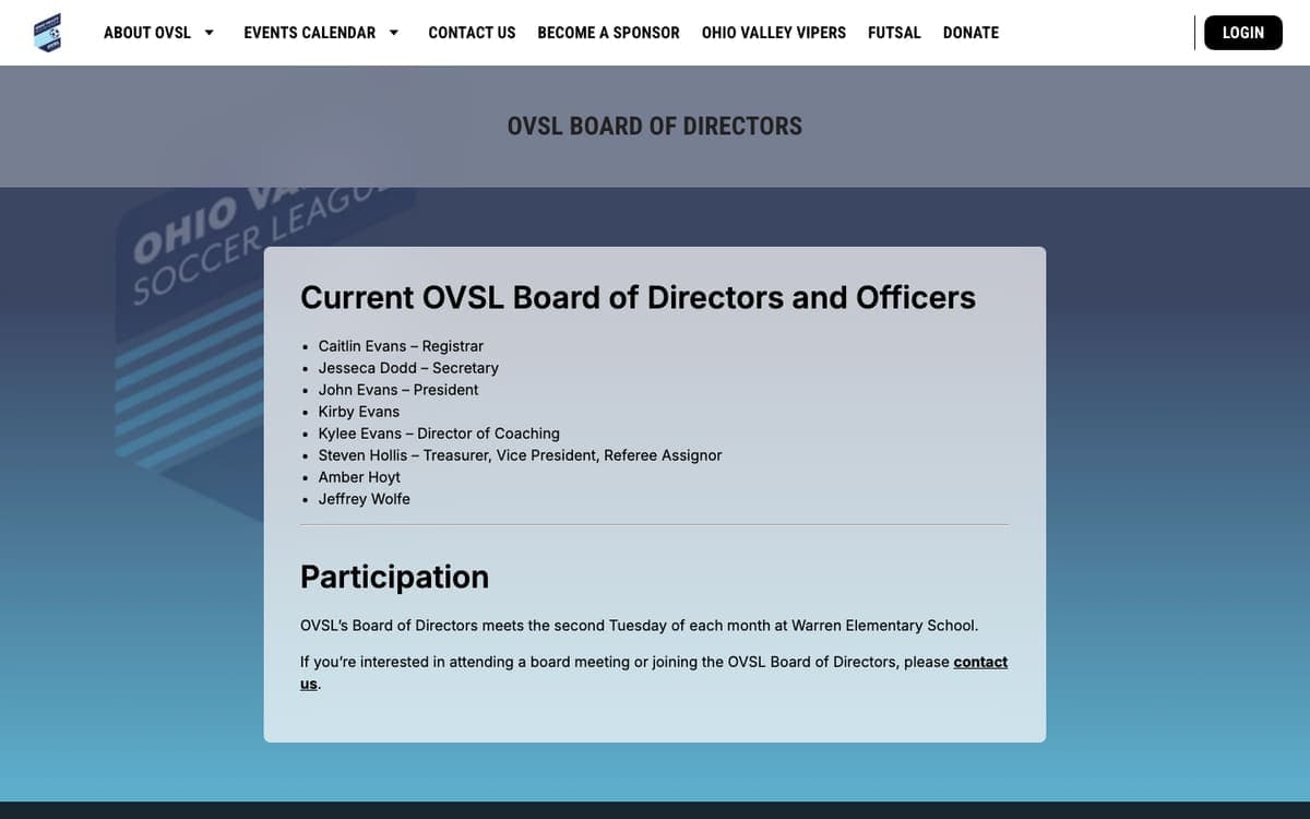 Ohio Valley Soccer League Board of directors page