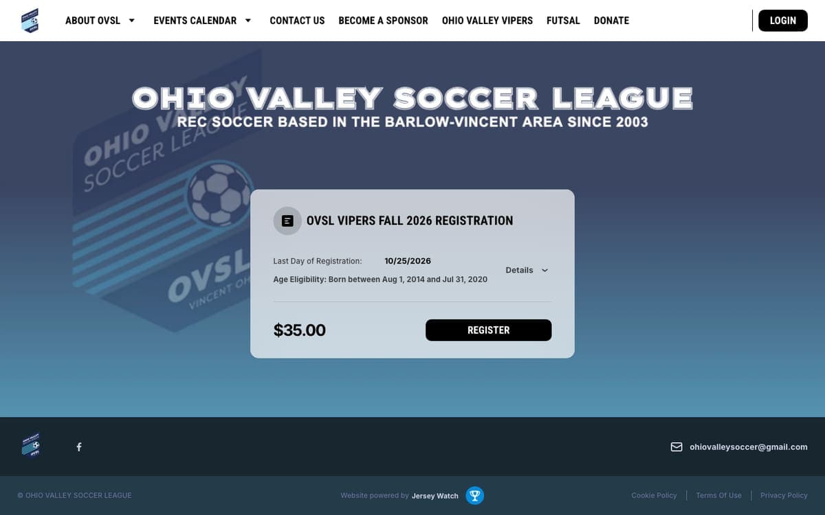 Ohio Valley Soccer League Fall registration page