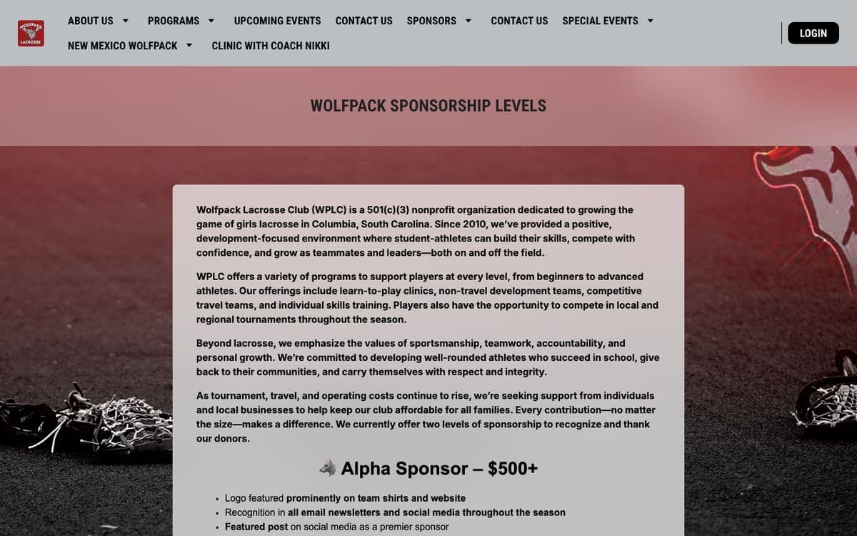 Wolfpack Lacrosse Club Become a sponsor page