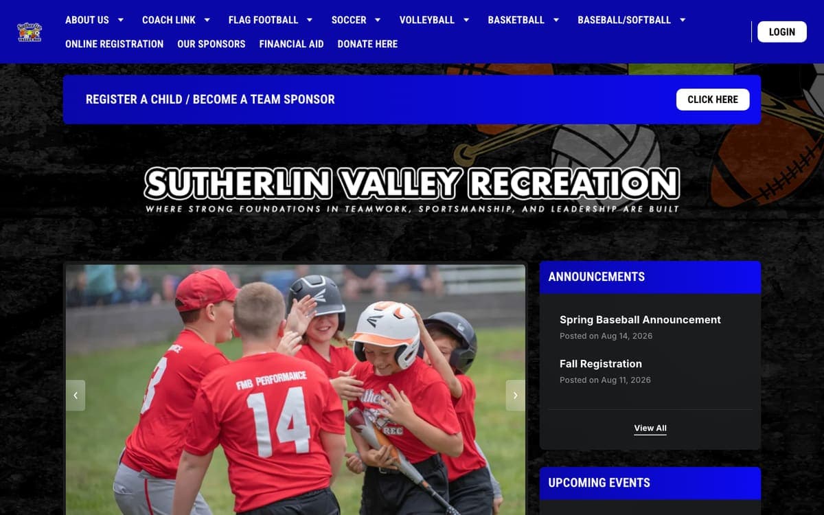 Sutherlin Valley Recreation website homepage