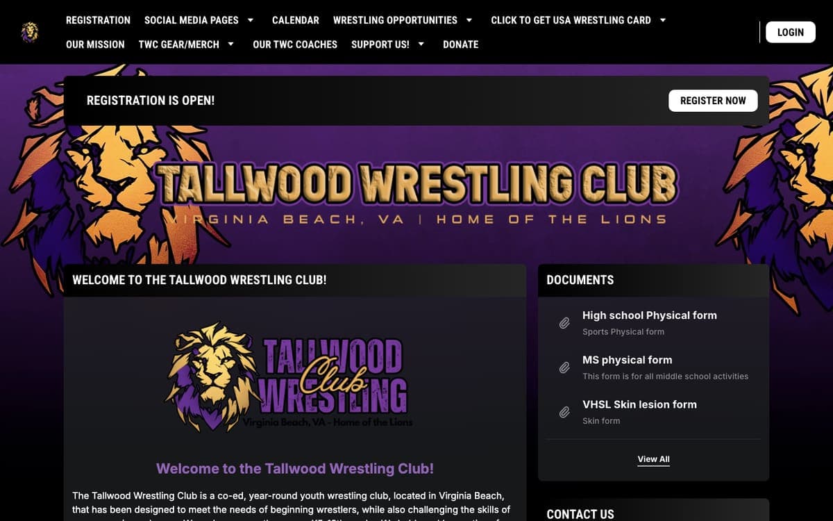 Tallwood Wrestling Club website homepage