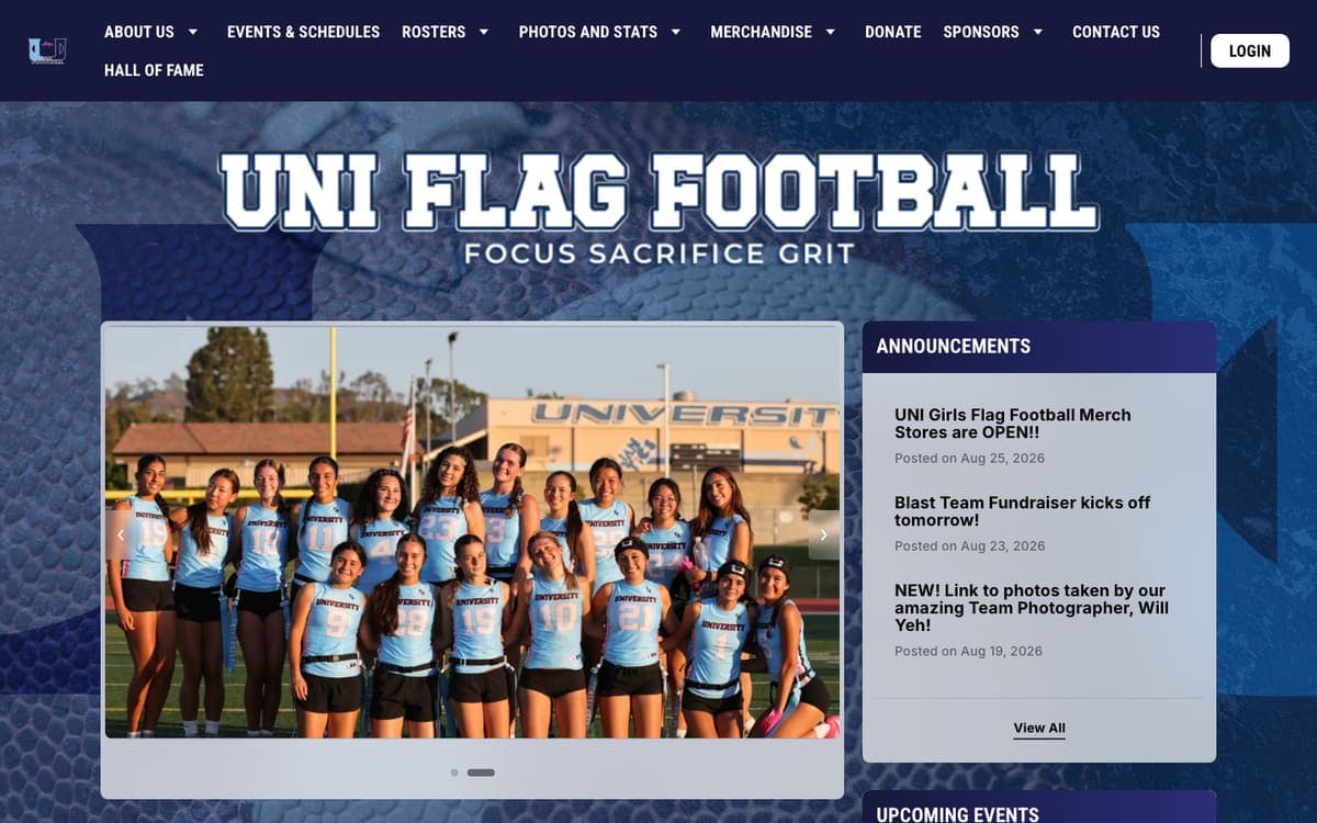 Uni Flag Football website homepage