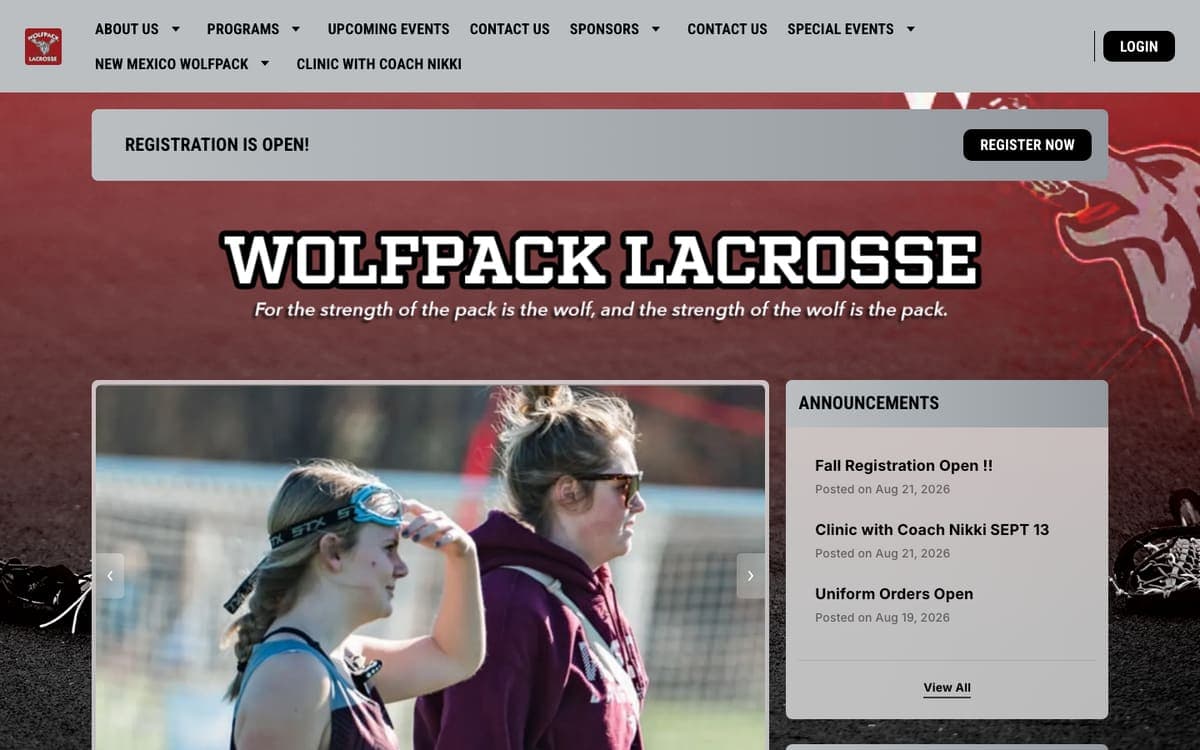 Wolfpack Lacrosse Club website homepage