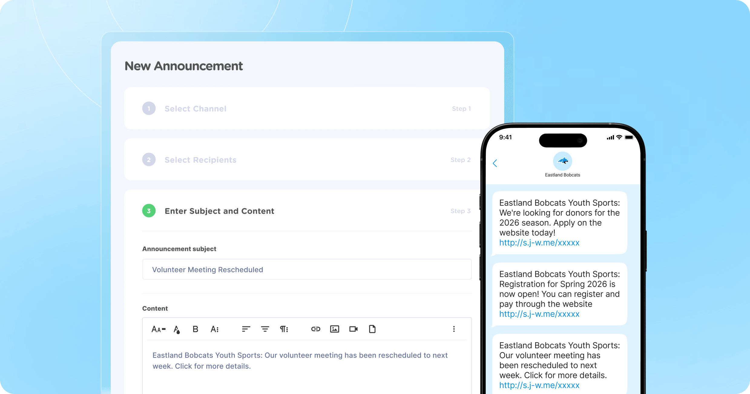 Sent announcements screen in Jersey Watch