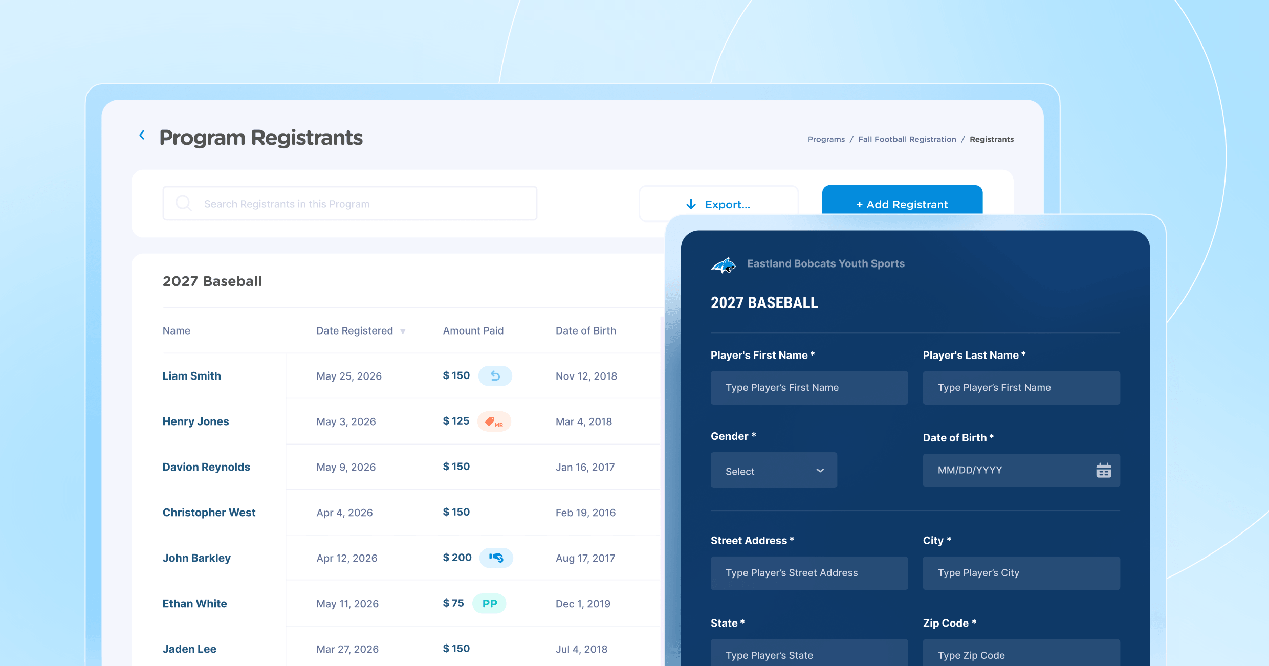 New registration program setup screen in Jersey Watch