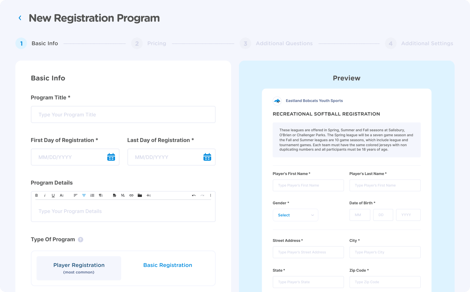 New registration program setup screen in Jersey Watch