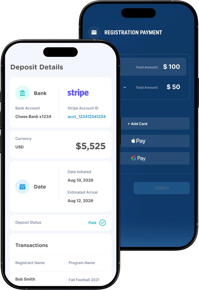 Deposit details and payment transactions screen in Jersey Watch