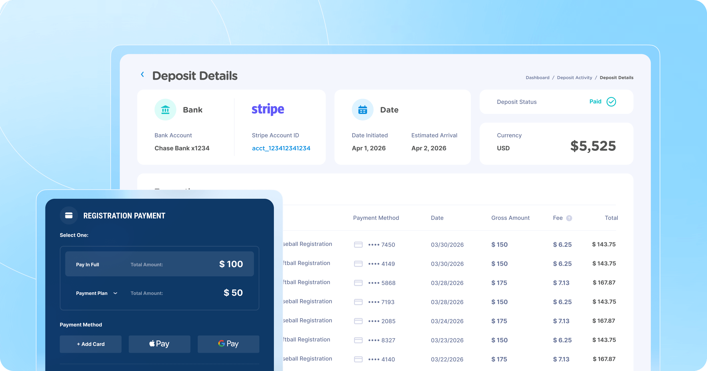 Deposit details and payment transactions screen in Jersey Watch