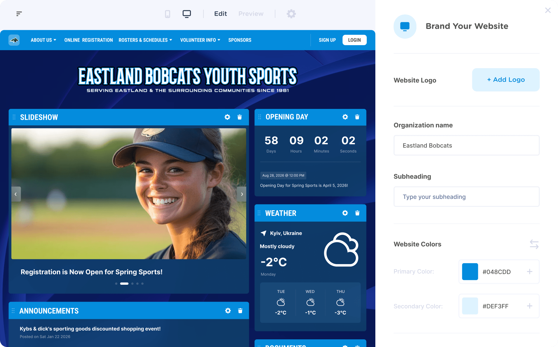 Website builder settings screen in Jersey Watch